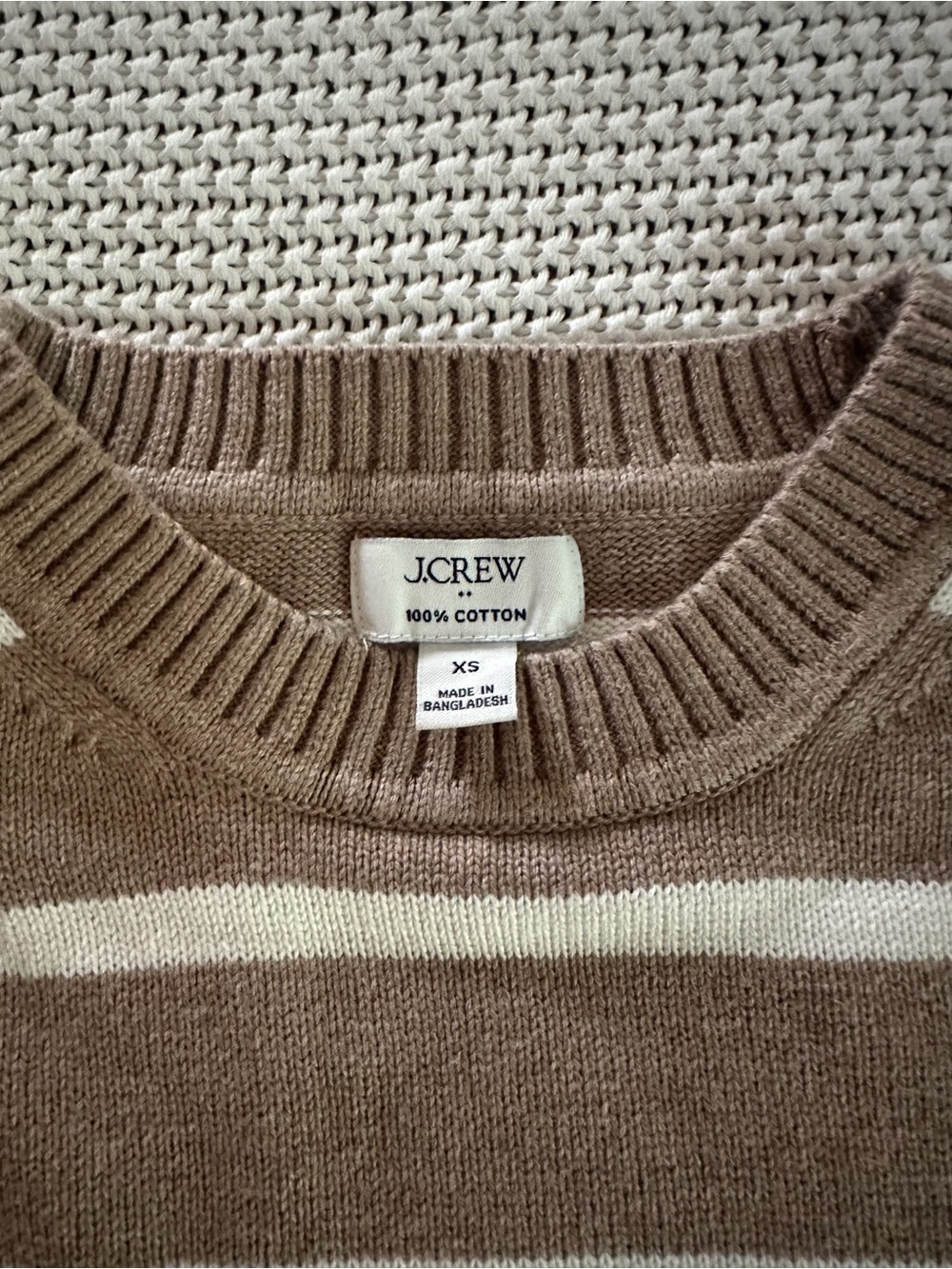 100% Cotton J. Crew Tan and White Striped Crewneck Sweater - Picture 2 of 4